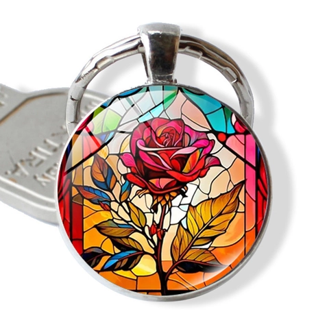 Vintage Roos Glas-in-lood Patroon Sleutelhanger Zinklegering Ronde Hanger Tas Charm Auto Sleutelring Creatief Cadeau