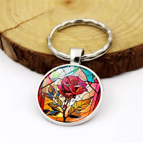 Vintage Roos Glas-in-lood Patroon Sleutelhanger Zinklegering Ronde Hanger Tas Charm Auto Sleutelring Creatief Cadeau