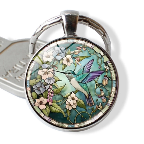 Artistieke Kolibrie Bloem Glas Sleutelhanger Zinklegering Sleutelring Voor Tas Auto Hanger Creatieve Sieraden Cadeau
