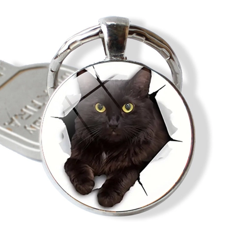 Zwarte Kat Patroon Zinklegering Glas Cabochon Sleutelhanger Hanger Ronde Metalen Sleutelring Voor Tas Auto Decoratie Cadeau