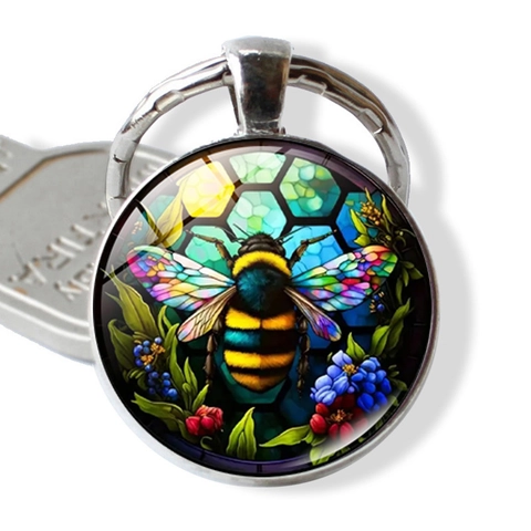 Portachiavi con Cabochon in Vetro Gemma del Tempo Calabrone Ape Colorata Nido d'Ape Fiore in Lega di Zinco Portachiavi in Metallo