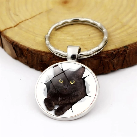Zwarte Kat Patroon Zinklegering Glas Cabochon Sleutelhanger Hanger Ronde Metalen Sleutelring Voor Tas Auto Decoratie Cadeau