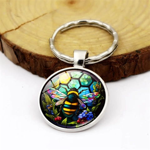 Portachiavi con Cabochon in Vetro Gemma del Tempo Calabrone Ape Colorata Nido d'Ape Fiore in Lega di Zinco Portachiavi in Metallo