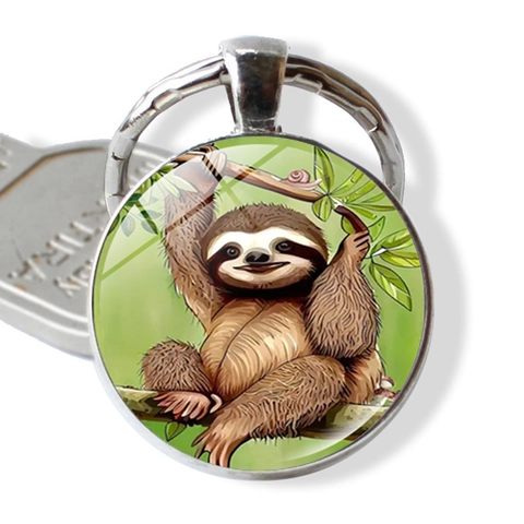 Sloth Pattern Time Gem Keychain Metal Alloy Glass Round Pendant Key Ring For Car Bag Hanging Decoration Gift