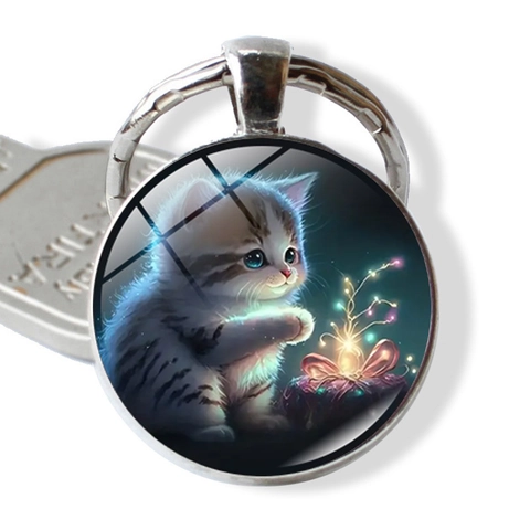 Süße Katze Muster Zeit Juwel Schlüsselanhänger Glas Cabochon Zinklegierung Schlüsselring Für Damen Tasche Ornament Kleines Geschenk