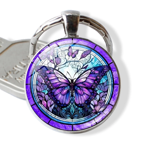 Lila Schmetterlingsmuster Schlüsselanhänger Zinklegierung Runder Anhänger Auto Tasche Charm Geschenk Für Damen Unisex Schlüsselring