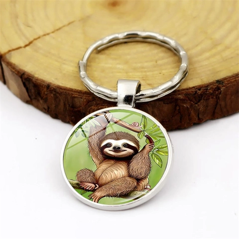 Sloth Pattern Time Gem Keychain Metal Alloy Glass Round Pendant Key Ring For Car Bag Hanging Decoration Gift