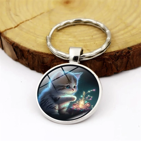Süße Katze Muster Zeit Juwel Schlüsselanhänger Glas Cabochon Zinklegierung Schlüsselring Für Damen Tasche Ornament Kleines Geschenk