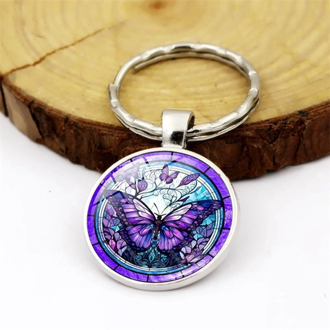 Lila Schmetterlingsmuster Schlüsselanhänger Zinklegierung Runder Anhänger Auto Tasche Charm Geschenk Für Damen Unisex Schlüsselring