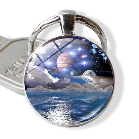 Misteriosa Galassia Cielo Stellato Vetro Cabochon Portachiavi Ciondolo Saturno Pianeta Oceano Modello Metallo Portachiavi Regalo