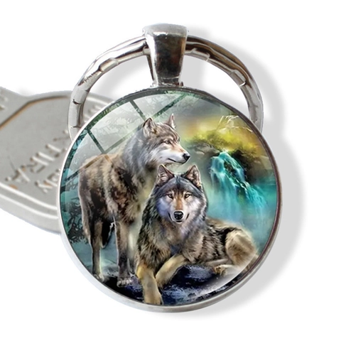 Wilde Wolf Waterval Bos Kunst Glas Cabochon Sleutelhanger Zinklegering Zilver Metaal Ronde Hanger Sleutelring Voor Auto Tas Cadeau