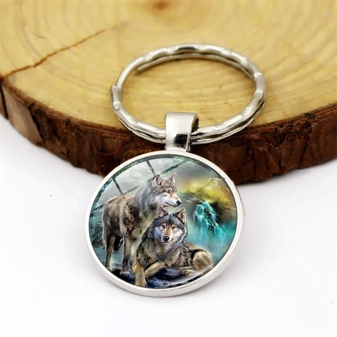 Wilde Wolf Waterval Bos Kunst Glas Cabochon Sleutelhanger Zinklegering Zilver Metaal Ronde Hanger Sleutelring Voor Auto Tas Cadeau