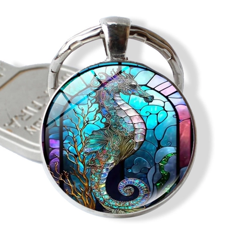 Portachiavi Artistico in Vetro Colorato con Cavalluccio Marino in Lega di Zinco Cabochon di Vetro Ciondolo Borsa Regalo Donna