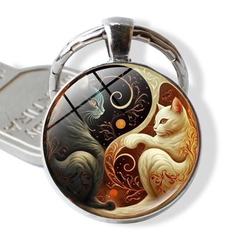 Portachiavi Artistico con Gatto Yin Yang Gemma del Tempo in Lega di Zinco Pendente Gatti Bianchi e Neri per Borsa
