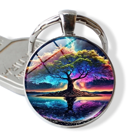 Levensboom Kleurrijke Schildering Glas Cabochon Sleutelhanger Zilver Legering Rond Hanger Sleutelring Vrouwen Tas Auto Decoratie