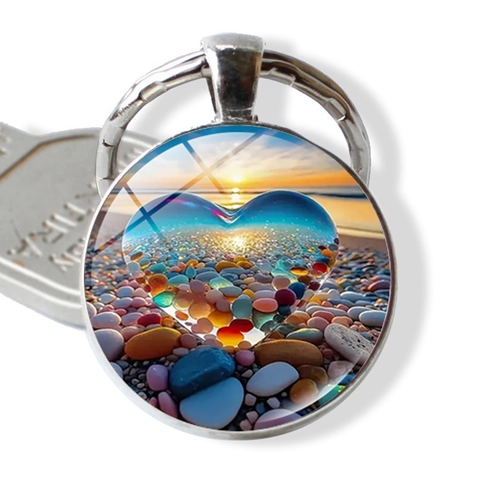 Artistiek Hart Zonsondergang Strand Metalen Sleutelhanger Rond Tijd Edelsteen Glas Cabochon Tas Charm Auto Sleutelring Cadeau