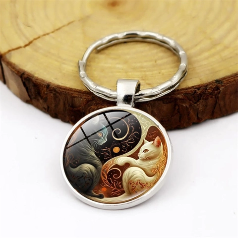 Portachiavi Artistico con Gatto Yin Yang Gemma del Tempo in Lega di Zinco Pendente Gatti Bianchi e Neri per Borsa