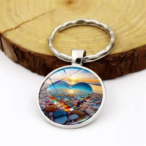 Artistiek Hart Zonsondergang Strand Metalen Sleutelhanger Rond Tijd Edelsteen Glas Cabochon Tas Charm Auto Sleutelring Cadeau