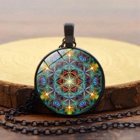 Mandala Anhänger Halskette Vintage Heilige Geometrie Blume Des Lebens Legierung Glas Cabochon Rundkette Damen Schmuck Boho Geschenk