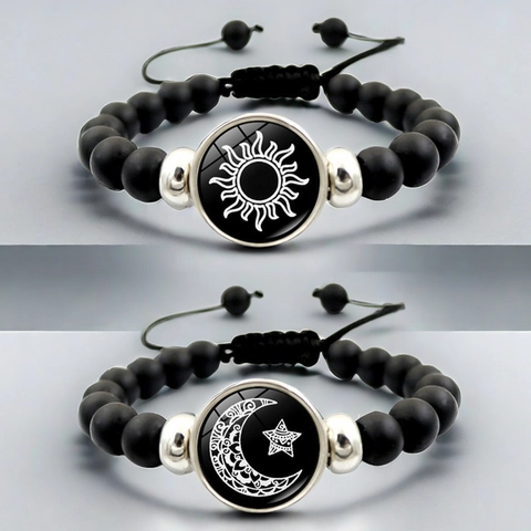 Luminous Sun Moon Beaded Bracelet Glow In The Dark Adjustable Matte Resin Alloy Jewelry Gift For Men Women