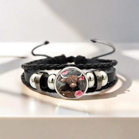 Vintage Highland Cow Multi-Layer Woven Faux Leather Bracelet For Men Women Alloy Glass Cabochon Boho Animal Charm Jewelry