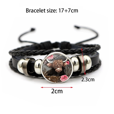 Vintage Highland Cow Multi-Layer Woven Faux Leather Bracelet For Men Women Alloy Glass Cabochon Boho Animal Charm Jewelry