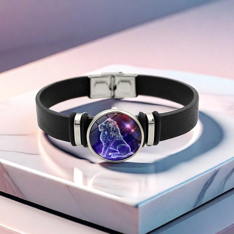 Twelve Zodiac Sign Snap Button Bracelet Black Artificial Leather Starry Sky Glass Cabochon Charm Bracelet Gift Jewelry