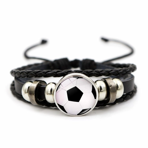 Bracciale Multistrato in Pelle Artificiale Intrecciata Tema Sportivo per Uomo Donna Cabochon in Vetro Motivi Calcio Basket Gioielli