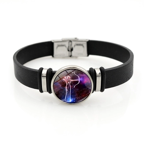 Twelve Zodiac Sign Snap Button Bracelet Black Artificial Leather Starry Sky Glass Cabochon Charm Bracelet Gift Jewelry