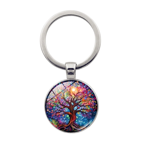 Lebensbaum Schlüsselanhänger Zinklegierung Glas Cabochon Anhänger Rund Metall Schlüsselring Bunt Vintage Bohemian Schmuck Geschenk