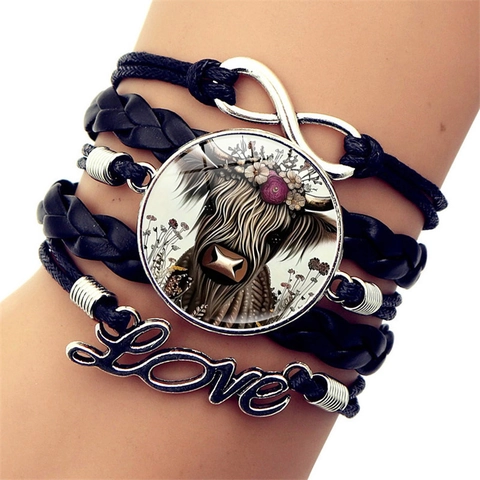 Hochlandrind Mehrlagig Gewebtes Armband Für Damen Kunstleder Legierung Unendlichkeitssymbol Love Anhänger Glas Cabochon Armband