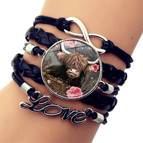 Hochlandrind Mehrlagig Gewebtes Armband Für Damen Kunstleder Legierung Unendlichkeitssymbol Love Anhänger Glas Cabochon Armband