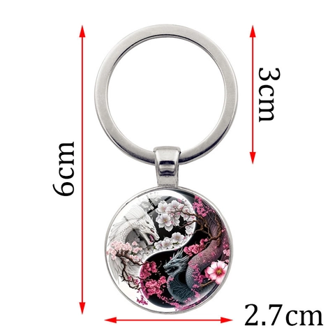 Porte-clés Oriental Yin Yang Tai Chi Dragon Fleurs de Cerisier Gemme du Temps Alliage de Zinc Verre Pendentif Rond Pour Hommes Femmes Cadeau