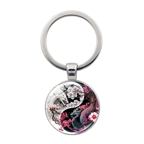 Porte-clés Oriental Yin Yang Tai Chi Dragon Fleurs de Cerisier Gemme du Temps Alliage de Zinc Verre Pendentif Rond Pour Hommes Femmes Cadeau