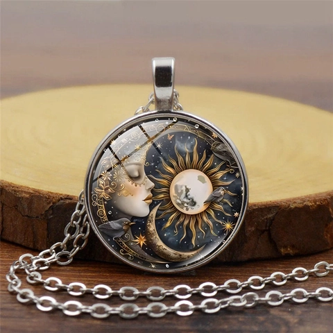 Vintage Sonne Und Mond Zeit-Edelstein Anhänger Halskette Legierung Glas Cabochon Himmlischer Boho Stil Schmuck Für Damen Herren