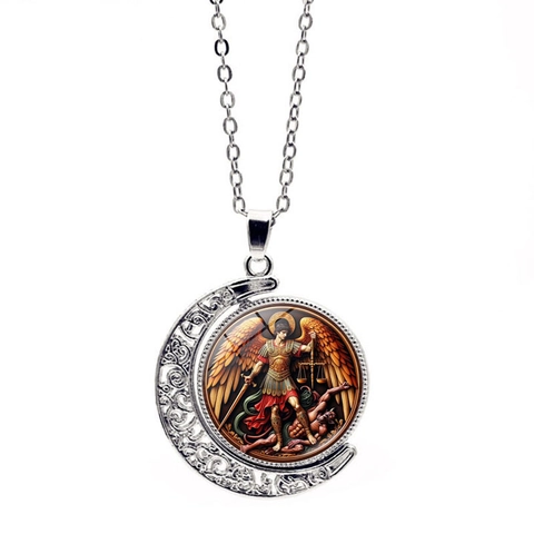 Retro Archangel Saint Michael Rotating Moon Pendant Necklace For Women Men Alloy Glass Religious Classic Jewelry Gift
