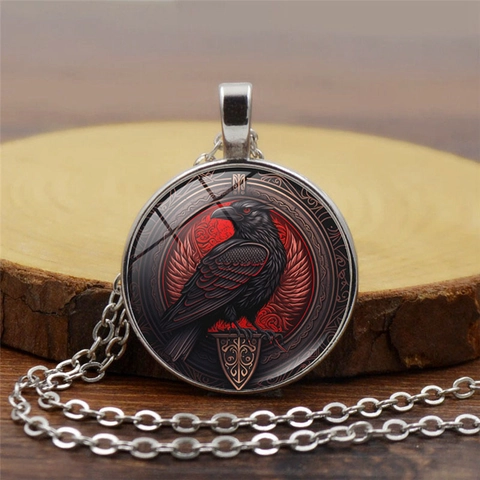 Gothic Raven Crow Pendant Necklace Vintage Alloy Glass Time Gemstone Necklaces For Women Men Jewelry Gift Accessories