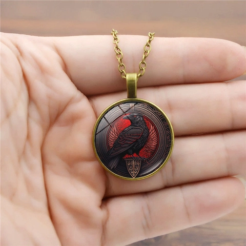 Gothic Raven Crow Pendant Necklace Vintage Alloy Glass Time Gemstone Necklaces For Women Men Jewelry Gift Accessories