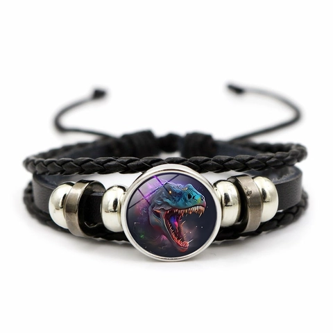 Vintage Punk Tyrannosaurus Rex Dinosaur Pattern Multilayer Woven Synthetic Leather Bracelet Alloy Glass Cabochon Hand Jewelry For Unisex Gift
