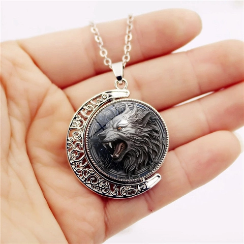 Gothic Wolf Head Double Sided Rotating Moon Pendant Necklace Alloy Glass Time Gem Vintage Punk Style Jewelry Unisex Gift