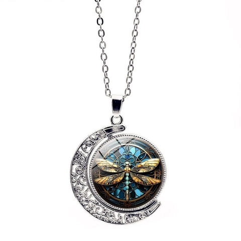 Collar con Colgante de Libélula y Luna de Aleación y Vidrio Vintage Joyería Giratoria Creativa Regalo para Mujeres Niñas