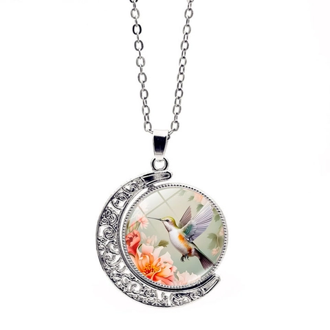 Collana Vintage in Lega Vetro Con Colibrì e Rosa Ciondolo a Luna Rotante a 360 Gradi Gioielli Gemma del Tempo per Donna