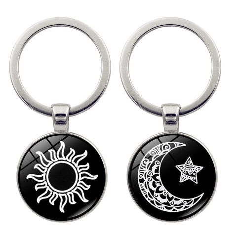 Portachiavi Luminoso Sole Luna Lega di Zinco Vetro Motivo Mandala Bagliore Al Buio Ornamento per Borsa Coppie Amici