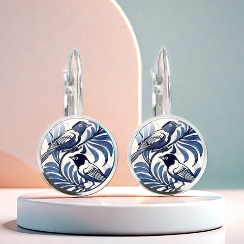 Vintage Legering Glas Cabochon Leverback Oorbellen Artistiek Vogel Patroon Tropisch Blad Franse Stijl Drop Oorbellen Vrouwen