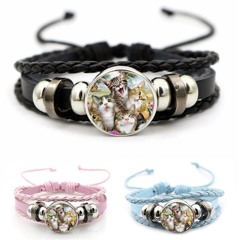 Lustiges Katzenmuster Mehrlagig Geflochtenes Lederarmband Vintage Handgefertigt Glas Cabochon Verstellbares Unisex Schmuckzubehör