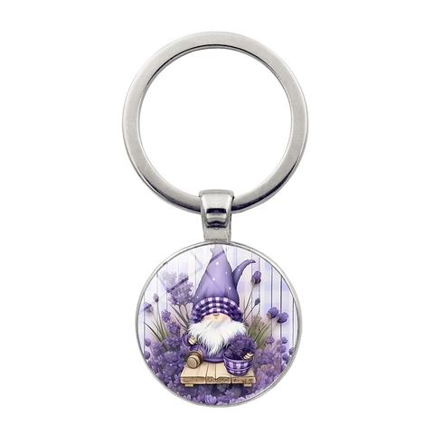 Purple Lavender Gnome Keychain For Women Men Zinc Alloy Glass Cabochon Keyring Vintage Bronze Silver Dwarf Bag Pendant Gift
