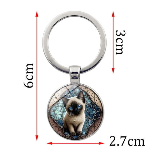 Süße Siamesische Katze Muster Runde Zinklegierung Schlüsselanhänger Vintage Buntglas Design Retro Tasche Anhänger Metall Schlüsselring