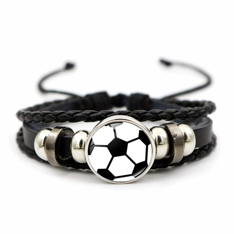 Pulsera de Fútbol Unisex de Cuero Trenzado Multicapa Punk Retro Pulsera Deportiva Con Cabujón de Vidrio Joyería Diaria