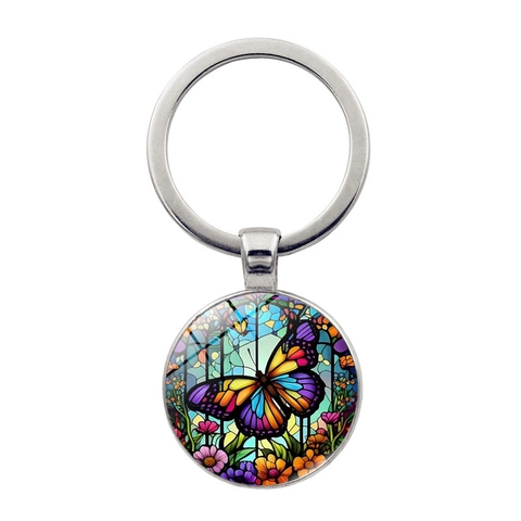 Porte-clés Papillon Style Vitrail Vintage Alliage de Zinc Métal Pendentif Rond Bijou de Sac pour Femme Sac à Main Sac à Dos