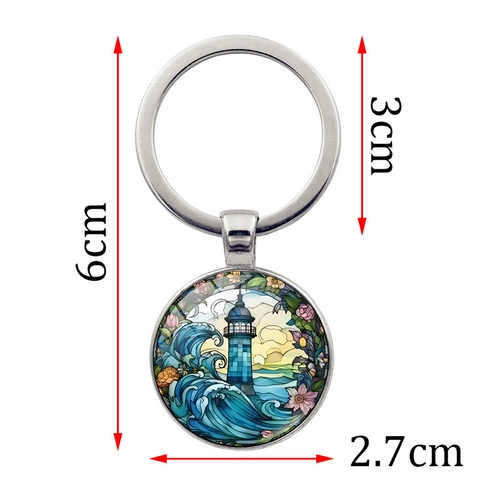 Künstlerischer Buntglas-Stil Leuchtturm Und Meereswelle Anhänger Schlüsselanhänger Für Damen Zinklegierung Glas Schlüsselanhänger Geschenk